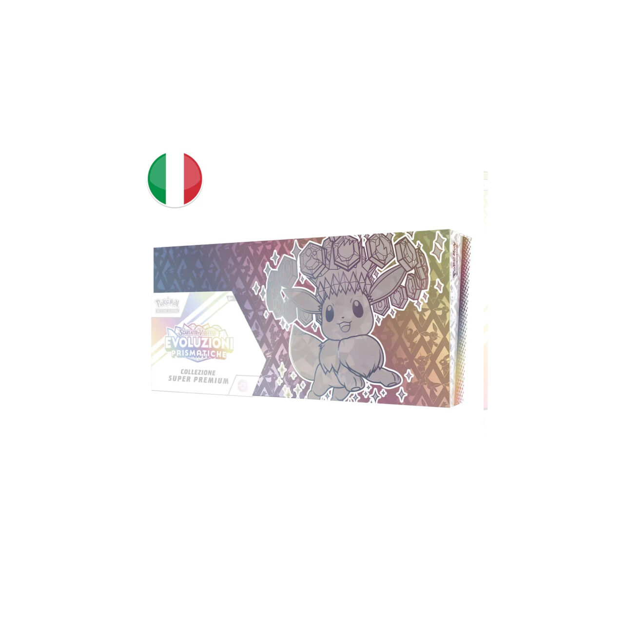 Collezione Super Premium Pokémon Evoluzioni Prismatiche (Scarlatto e Violetto) – Edizione ITA. Include 3 carte promo esclusive, oltre 10 buste dell’espansione, playmat premium, bustine protettive, separatori, codice Pokémon Live e box rigido da collezione. Dedicata a Eevee Teracristal e alle sue evoluzioni. Prodotto ufficiale Pokémon, perfetto per collezionisti ed esperti GCC Pokémon.