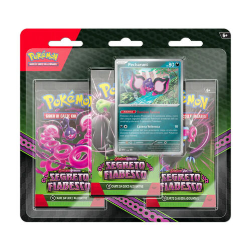 Blister ufficiale con 3 bustine Segreto Fiabesco (Scarlatto e Violetto) in italiano + carta promo Pecharunt. Sigillato.